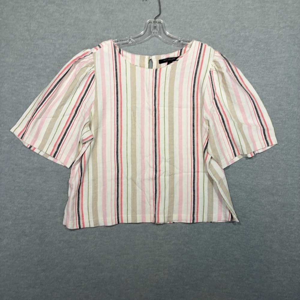 Marc New York Andrew Marc Top Womens XL Stripe Linen Blend Puff Sleeve Blouse